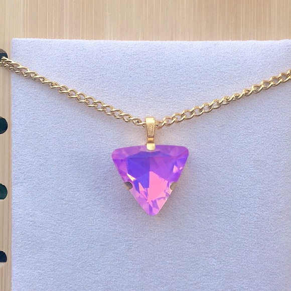 Pink-Purple Aurora Borealis + Gold Triangle Crystal Drop Pendant Boho Necklace - Picture 7 of 11